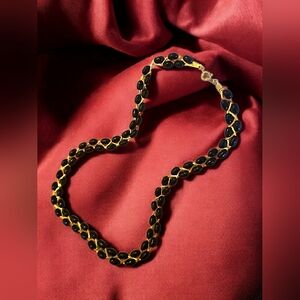 Vintage Korean Black Bead Woven Gold Tone Chain Necklace